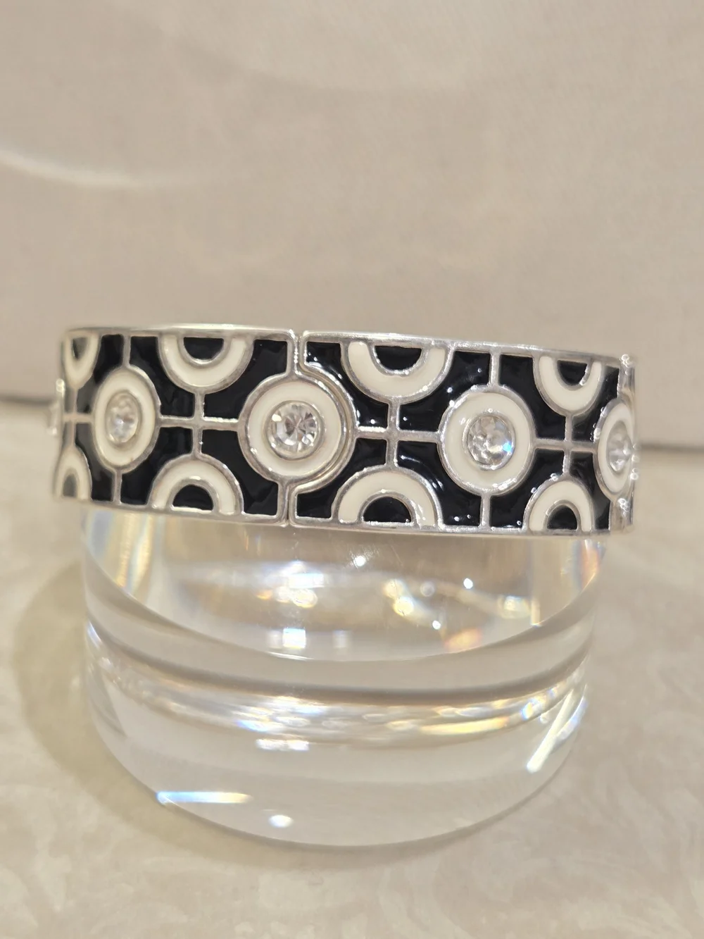 Black and White Enamel Geometric Mod Bracelet with Crystal Accents